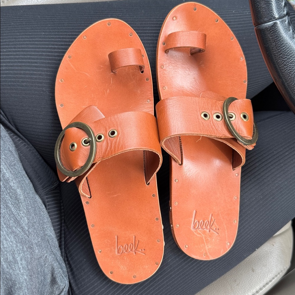 Beek swift toe ring Brown Leather Slide Sandals with Buckle - Picture 2 of 4